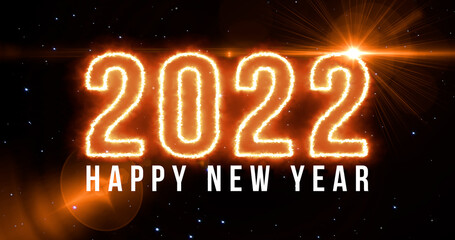 Motion of happy new year on star space wiggle background pattern. New year 2022 fire line celebration on star movement abstract backgrounds