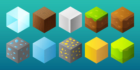 Set of block materials and textures, vector elements for game design. Cubes isolated on green background. Set of Game Platforms. Items for Games.