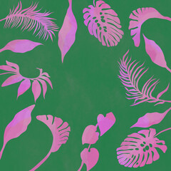 Ilustracja motyw roślinny różowe liście na zielonym tle - obrazy, fototapety, plakaty