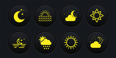 Set Moon and stars, Sun, Cloud with rain sun, moon, Sunset, and icon. Vector