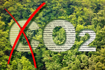 From carbon dioxide to oxygen - CO2 Net-Zero Emission - Carbon Neutrality concept against a forest...