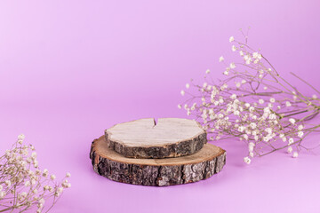 Empty Round wooden podium for products and cosmetics with branch of flower Gypsophila on pink...