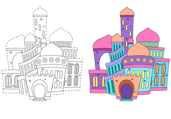 Obraz premium A fabulous underwater palace. Coloring book for children. Practice of handwriting. Education Development Worksheet.