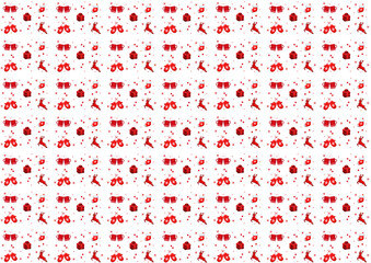 beautiful Christmas background of white color, pattern, against the background of small details red mittens, gifts, cups, deer, stars.