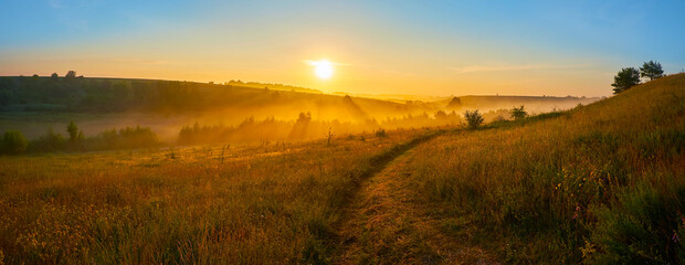 The foggy sunrise over the fields and meadows - obrazy, fototapety, plakaty