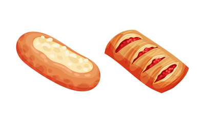 Pastry products for bakery menu set. Buns with cottage cheese and jam, delicious bakery assortment vector illustration