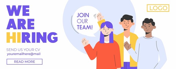 Trendy recruitment banner design with flat style diverse people characters. We are hiring template for post, flyer etc. Vector illustration. Open vacancy design template concept. Join Our Team.