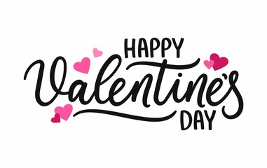 Happy Valentine's day hand drawn lettering greeting card with flourishes and pink hearts. Cute Valentine's day design for banner, party, sale promotion, print etc. Flat style vector illustration