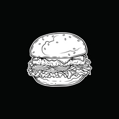 Original vector illustration of Burger with cutlet, tomatoes and greens in vintage style.