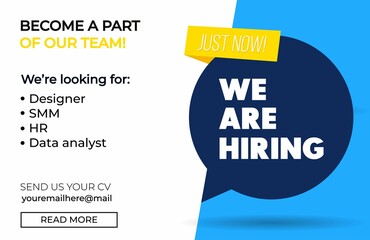 Hiring recruitment design poster. We are hiring template with chat bubbles. Vector illustration. Open vacancy design template in yellow, blue and white colors. Join our team background, card, banner.
