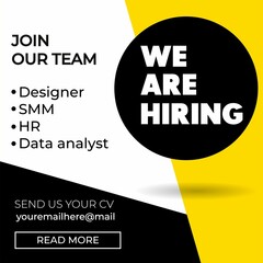 Hiring recruitment design poster. We are hiring design template with geometric shapes and trendy bold typography. Vector illustration. Open vacancy flat style concept