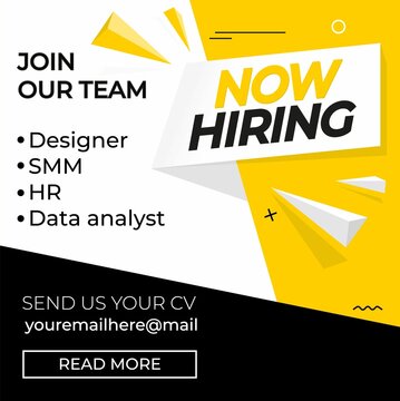 Hiring recruitment design poster. We are hiring template with chat bubbles. Vector illustration. Open vacancy design template in yellow, black and white colors. Join our team background, card, banner.