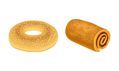 Pastry products for bakery menu assortment set. Bagel and roll with sesame seeds vector illustration
