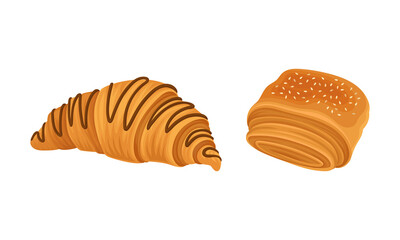 Pastry products for bakery menu assortment set. Croissant and puff bun vector illustration