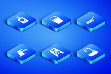 Set Washbasin with water tap, Hand sanitizer bottle, Wet floor cleaning progress, Water, Bucket and Brush for icon. Vector