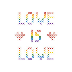 Love is love in cross stitch style. Rainbow colored letters.