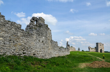 Fototapeta na wymiar Ruins of the ancient wall of Kremenets Castle, located on Castle Hill. Kremenets city, Ternopil Region, Ukraine.Travel destinations and historic architecture in Ukraine