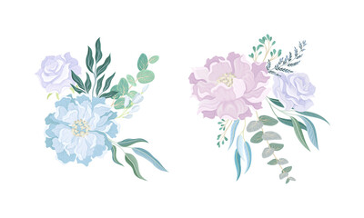 Set of elegant bouquets or bunches of dusty blue, pale pink garden flowers and green leaves vector illustration
