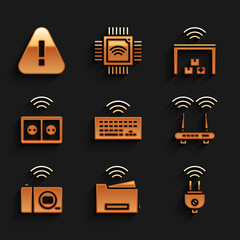 Set Wireless keyboard, Smart printer, electric plug, Router and wi-fi signal, photo camera, electrical outlet, warehouse and Exclamation mark triangle icon. Vector