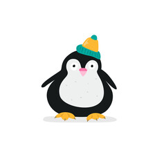 Cute penguin baby with winter hat isolated on white background