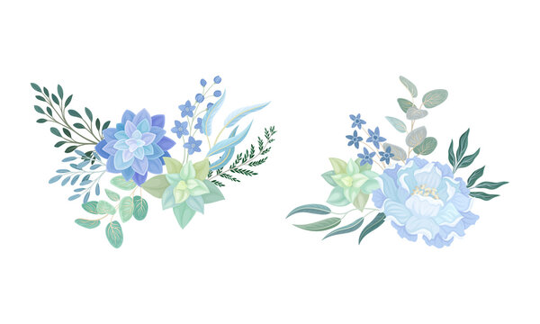 Set Of Elegant Bouquets Or Bunches Of Dusty Blue Flowers And Succulents, Eucalyptus Leaves And Greenery Vector Illustration