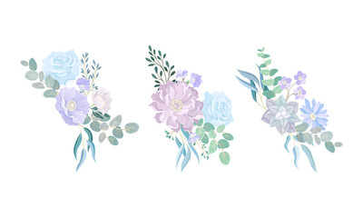 Obraz na płótnie Canvas Set of elegant bouquets or bunches of dusty blue, pale pink flowers and twigs. Floral design in trendy pastel colors vector illustration