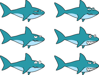 funny shark character cartoon expressions set illustration in vector format