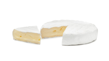 Tasty cut brie cheese on white background - obrazy, fototapety, plakaty