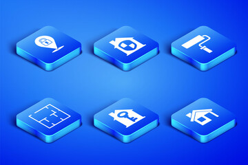 Set House, Location lock, with key, plan, under protection and Paint roller brush icon. Vector