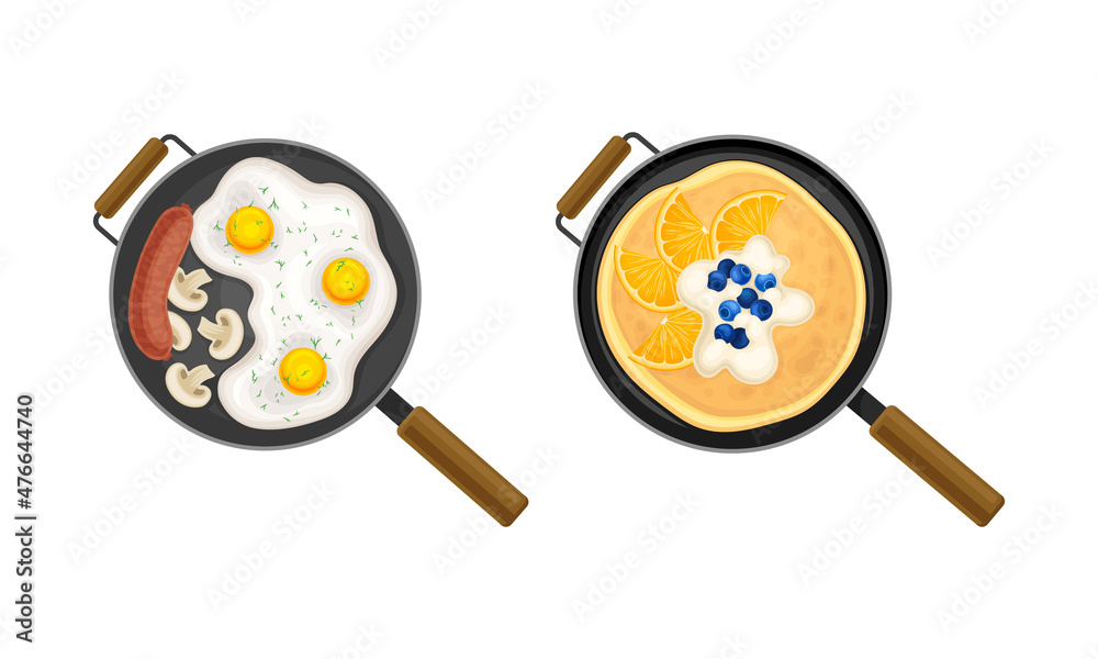 Sticker traditional breakfast dishes set. top view of pancakes and eggs served on frying pan vector illustra