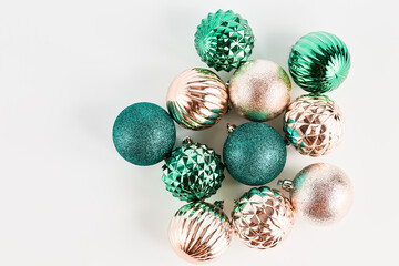 beautiful New Year's decorative ornaments on a white background. view from above