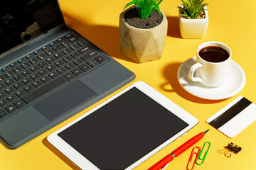 Items for business in the office on a bright, colored background. 