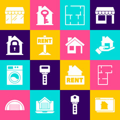 Set Online real estate house, House plan, Realtor, Hanging sign with Rent, under protection, Market store and icon. Vector