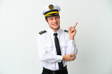 Airplane Russian pilot isolated on white background pointing up a great idea