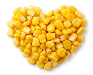 Canned corn in the shape of a heart on a white background, isolated. Top view