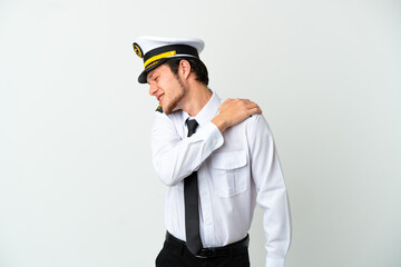 Airplane Russian pilot isolated on white background suffering from pain in shoulder for having made an effort