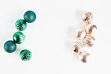 festive christmas minimalistic concept. pattern from decor turquoise and gold colors on a white background. flat lay, place for text