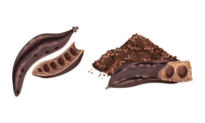 Ripe carob pods set. Organic healthy food vector illustration