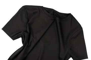 A black t shirt isolated on a white background.