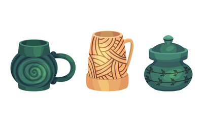 Clay kitchenware assortment set. Mugs and pot ceramic vessels vector illustration