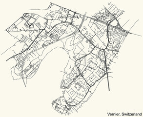 Detailed navigation urban street roads map on vintage beige background of the Swiss regional capital city of Vernier, Switzerland