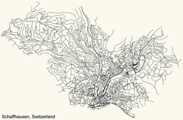 Detailed navigation urban street roads map on vintage beige background of the Swiss regional capital city of Schaffhausen, Switzerland