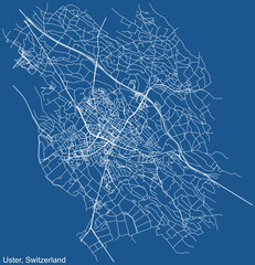 Detailed technical drawing navigation urban street roads map on blue background of Swiss regional capital city of Uster, Switzerland