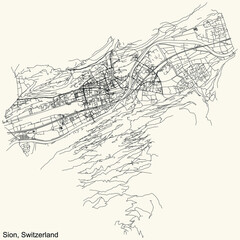 Fototapeta na wymiar Detailed navigation urban street roads map on vintage beige background of the Swiss regional capital city of Sion, Switzerland