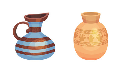 Clay kitchenware assortment set. Vintage ceramic vessels vector illustration