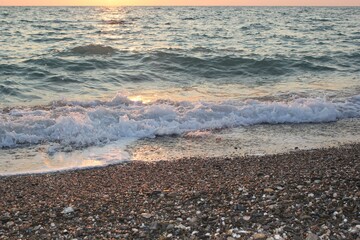 Море, волны, закат, галька