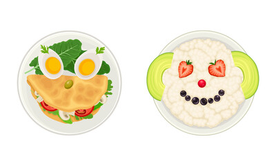 Tasty breakfast for kids served on plates set. Funny shaped dishes with eyes vector illustration