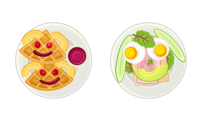 Sandwich and waffles breakfast for kids served on plates set. Top view of funny shaped dishes with eyes vector illustration