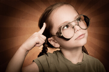 Pensive Young Girl Wearing Vintage Glasses