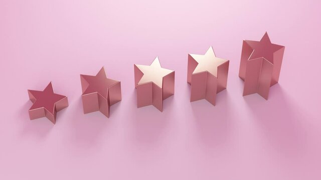 Pink studio background with five stars sign. Business concept best rating. Minimal modern motion design. Abstract animation.